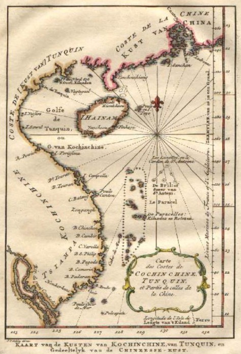 Bản đồ Biển Đông do người Hà Lan vẽ vào năm 1754 ghi nhận quần đảo Hoàng Sa dưới tên De Paracelles. (Trong giới hạn quần đảo De Paracelles, có 2 nhóm đảo, nhóm đảo phía nam tách rời (không được ghi chú) có hình dạng và vị trí tương đối giống với nhóm đảo Vạn lý Trường Sa của Đại Nam nhất thống toàn đồ). Nguồn: tài liệu Huỳnh Tâm.
